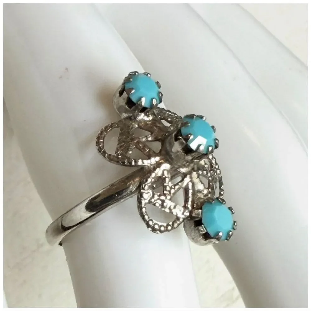 Vintage Adjustable Silver Tone Blue Glass Filigree Ring - Floral Design